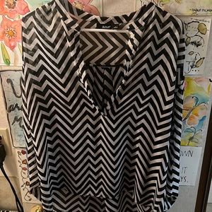 Graphic design black and white sheer button up blouse